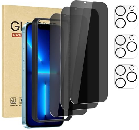 Rvciby 3 Pack Privacy Screen Protector for iPhone 13 Pro Max with 3 Pack Camera Lens Protector with Installation Frame,Anti Spy Tempered Glass Film 9H Hardness，Scratch Resistant，Bubble Free [6.7 inch]