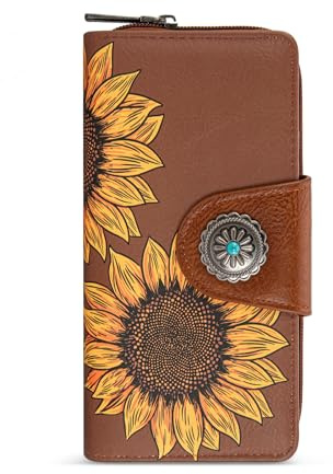 Montana West Brown Sunflower Wallets for Women RFID Blocking Wallet Large Capacity Phone Clutch Wallet Ladies Female Western Bifold Wallets with Coin Purse