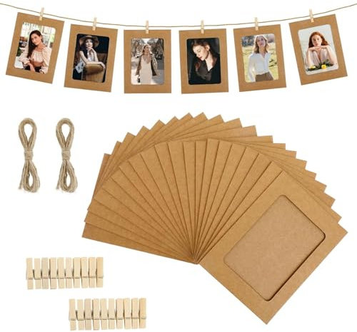 Ruispeed 20er Set Papier Bilderrahmen 11.5x15.5 cm, kreative Fotorahmen mit Holzklammern & Hanfseil – ideal für Fotogirlande, Wanddeko, Geburtstag, Hochzeit, Party, DIY Basteln