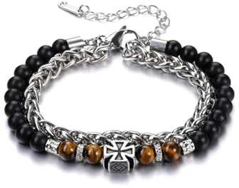 PiercingJak Herren Armband Edelstahl Perlenarmband mit Kreuz 6mm Schwarz Achat Tigerauge Steine Armbänder doppelt Armkette Charm Heilsteine Schmuck Spirituelle Geschenke für Männer