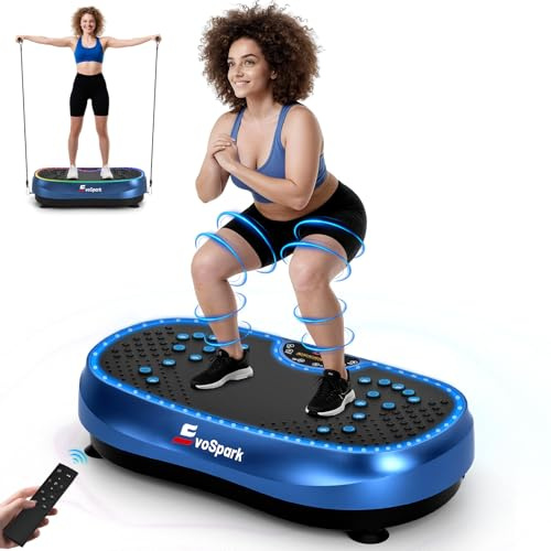 EvoSpark Vibrationsplatte, Vibrationsplatte Testsieger 2026 mit 6+1 Trainingsmodi, 9 coolen LED-Lichtern Vibration Plate für Zuhause, Power Llate mit 200W Bürstenlose Motoren,199 Geschwindigkeiten