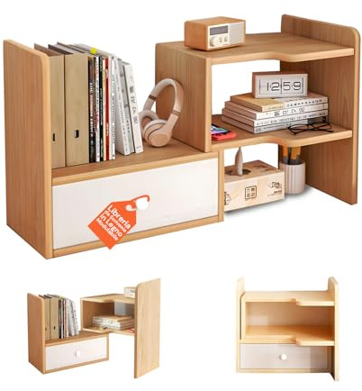Avilia - Libreria da Scrivania in Legno con 5 Scomparti e 1 Cassetto Estensibile, Organizer Porta Libri da Scrivania Salvaspazio, Design Modulabile Facile da Montare e Resistente