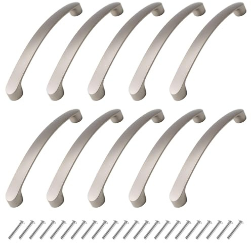 10 Pack Brushed Nickel Cabinet Handles – Silver Stainless Steel Kitchen Drawer & Door Pulls, 5x96mm & 5x128mm Hole Centre, Cupboard Wardrobe Furniture, Screws Included
