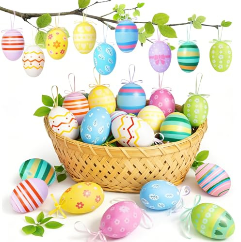 24 Pezzi Uova di Pasqua Decorative, 6 x 4 cm Decorazioni Pasquali da Appendere, Decorazione Pasquale per Albero di Pasqua, Regali pasqua, Decorazionis fai da te (Stile B)