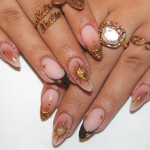 Viugex 24 stycken Press on Nails, medel, mandel, franska nakna rosa artificiella fingernägel med solstjärna, 3D guld ballerina naglar att klistra fast, naturliga konstgjorda naglar att klistra fast
