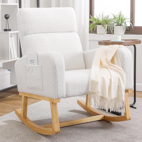 Schaukelstuhl Stillsessel Schaukelsessel, Gepolsterter Stillstuhl mit Holzbeinen & Seitentaschen, Hochlehner Schaukelstuhl zum Stillen für Wohnzimmer, Schlafzimmer und Babyzimmer (White-teddy)