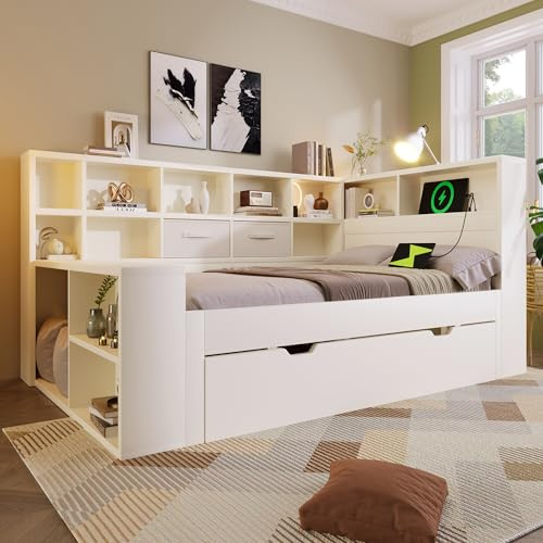 LinoraFurn Einzelbett 90x200 in Weiß, Stauraumbett mit Ausziehbett, 3-seitigen Ablagen & integriertem USB-/Type-C-Laden – Funktionales Bett fürs Kinder- & Jugendzimmer, ohne Matratze