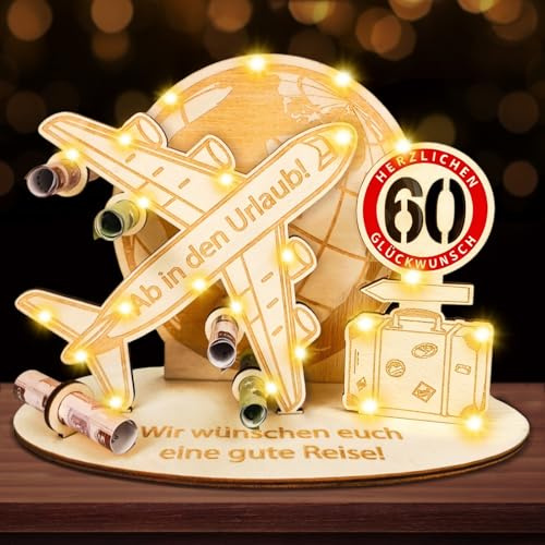 60 Geburtstag Mann Frau - Geldgeschenk Verpackung Holz Flugzeug mit LED Lichterkette, Lustig Geschenk & Deko zum 60 Geburtstag Frau Mann, Geburtstagsgeschenk für Männer 60 & Frauen 60