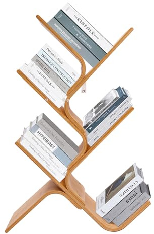 Libreria a 5 ripiani a forma di albero di bambù, una moderna mensola in bambù naturale con ripiani curvi, adatta per libri, CD e DVD, ideale per soggiorno, camera da letto e studio