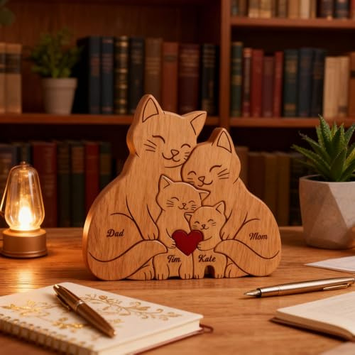 Drawelry Personalisierte Holz Katzenpuzzle Hundepuzzle Ornamente, mit 2-9 Familien Namen Gravur Hunde Katze Figur Statue Puzzle Tischdekoration, Muttertag Mama Papa (Katze-E)