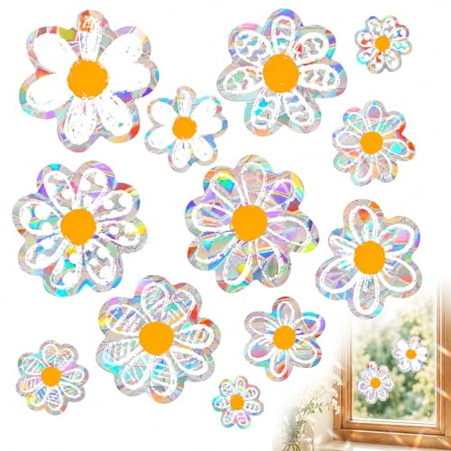 12Pc Double-Sided Daisy Glass Window Stickers Rainbow Prism Anti-Collision | Reusable residue-free design, simple peel-and-stick application, long-lasting vibrant decor for home, office & retail spaces