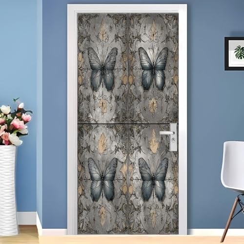 Vattentät dörrposter/dörrfolie 95 x 205 cm lyxig europeisk fjäril, självhäftande dörrklistermärke, grå, dörrdekoration och dörrtapet för sovrum, vardagsrum och badrum
