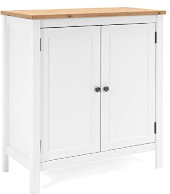 Newfurn Eireen Kommode Weiß Wildeiche Landhaus Sideboard 90 cm breit Flur | 2 Türen matte Rahmenfront, Anrichte, Highboard, Komodenschrank, für Wohnzimmer Schlafzimmer, zum Einzug