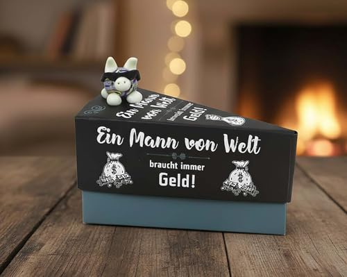 KAMACA Geschenkschachtel Tortenstück Geschenkverpackung für Geld Gutscheine kleine Geschenke mit Glücksbringer Geburtstag Männer Frauen Weihnachten Geldgeschenke (Geschenkschachtel EIN Mann von Welt)