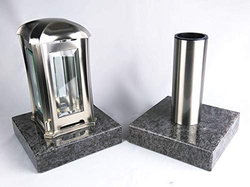 designgrab Grablampe Venezia und Grabvase Tube aus Edelstahl mit 2 Stück Granitsockel in Orion/Vizac Blue