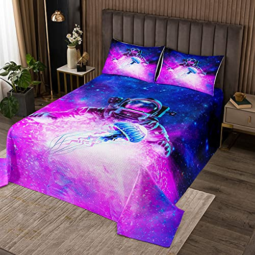 richhome Qualle Tagesdecke Bettüberwurf Steppdecke,Lila leuchtende Meereskreatur Bed Cover/Sofa Cover Patchwork,Sternengalaxie mit Nebel Softest Bettüberwurf Gesteppte Decke 3St,240x260