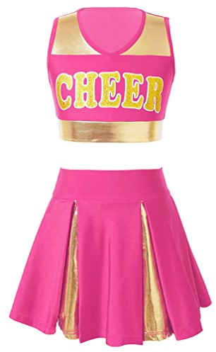 TiaoBug Enfant Fille Déguisement Pom-Pom Girl Costume Halloween Carnaval Uniforme Cheerleads Haut Top et Tutu Jupe Robe Danse Gymnastique Tenues de Fête 6-14 Ans Rose vif 14 ans
