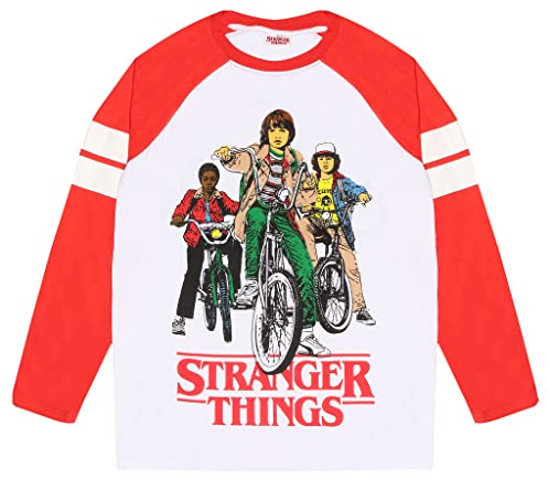 Popgear Stranger Things Mike, Dustin and Lucas Manches Longues Raglan pour Homme et Femme Blanc/Rouge T-Shirts à la Mode, 4XL