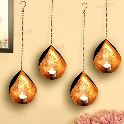 TIED RIBBONS Wall Hanging Tea Light Candle Holders | Iron, Golden | 18 Inch, Set of 4 | Votive Sconce Candle Holder for Home, Living Room, Wedding Decor, Pongal Decorations, Valentines Decorations