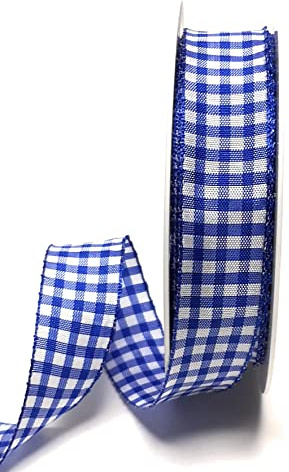 s.dekoda Schleifenband 20m x 25mm Blau - Weiß Karoband kariert Vichykaro Dekoband mit Draht [3850]