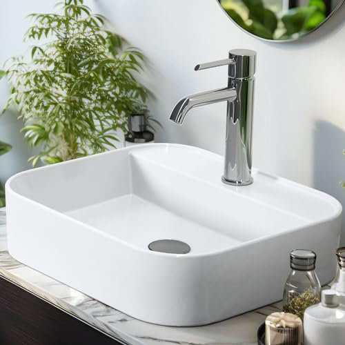 EMKE Aufsatzwaschbecken Keramik Waschbecken Bad 40 x 40 x 11 cm, Hängewaschbecken für Badezimmer Gäste WC, Waschtisch Handwaschbecken Klein Rechteckig Waschplatz Aufsatzbecken Waschschüssel Weiß