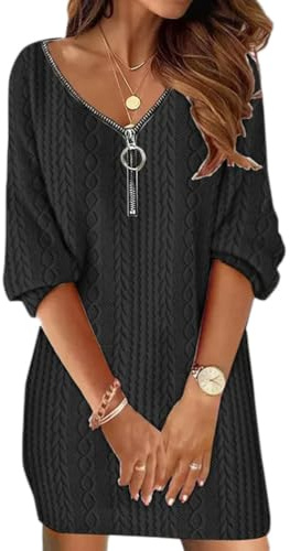 Onsoyours Robe Femmes Casual Long Tops Automne Hiver Fermeture Éclair Manches Longues Pullover Tunique Ample Couleur Unie Mini Sweat Décontracté De Soirée A Noir XL