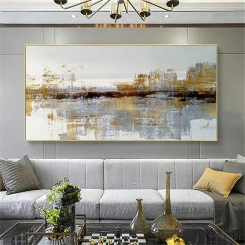 Cuadros de pared de arte dorado abstracto de tamaño extragrande vintage para sala de estar, pintura en lienzo, carteles e impresiones para decoración del hogar, 70x190cm/28x75in, sin marco
