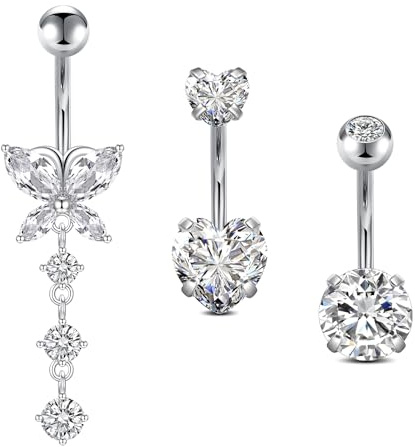Briana Williams 3 Stück bauchnabelpiercing chirurgenstahl silber 1.6mm stablänge 10mm bauchnabel schmuck Schmetterling Herz CZ