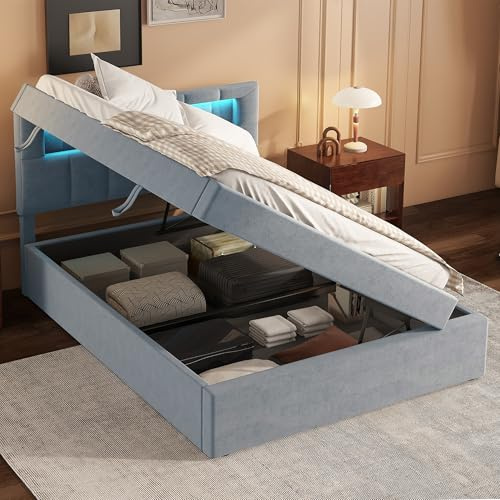 MYBOO Boxspringbett mit Bettkästen 90 x 200 cm, Polsterbett Stauraumbett Gepolstert Doppelbett mit LED Beleuchtung und Lattenrost, Ohne Matratze (Grau, 90x200)