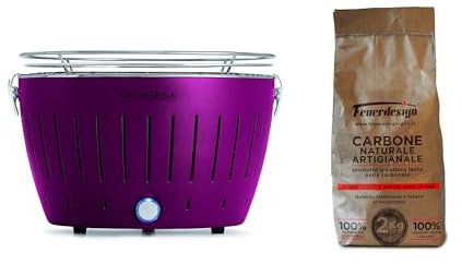 LotusGrill - Barbecue Portatile a Carbone - Standard LG G34 - con cavo di alimentazione USB, 35 x 23,4 cm, Viola + 2 Kg Carbone naturale Antiche Carbonaie, 100% legno di leccio italiano artigianale