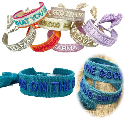 LS-LebenStil Exklusives Statement Armband - das Original 16-20cm Quasten besticktes Boho Canvas Webarmband Damen Freundschaftsarmband Geschenk gewebt textil Stoffarmband