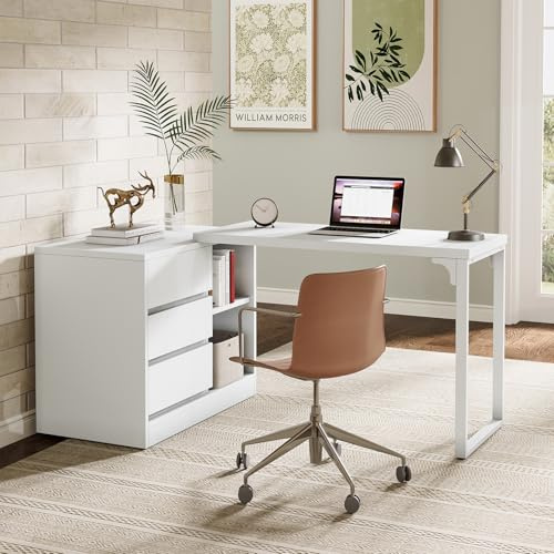 Tribesigns Escritorio en forma de L para ordenador con cajones y estantes, escritorio de esquina reversible blanco con armario de almacenamiento, mesa de trabajo moderna para oficina en casa