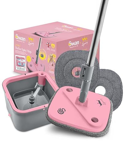 Swan x Lynsey TV's Queen of Clean Turbo Spin Mop, Clean and Dirty Water Seperation, Effortless Wringing, 2 x Washable Microfibre Pads, Collapsible Handle, Ergonomic Design, Pink & Grey, SWFC1002QOCN