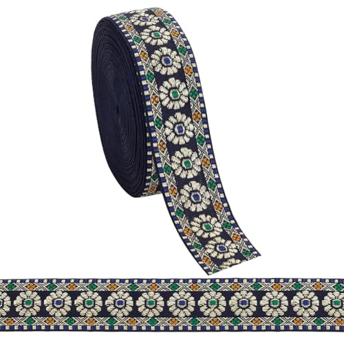 PH PandaHall 9.14 m Blumen Jacquardband 32mm Blumenband Im Ethno Stil Blau Besticktes Blumenband Stoffbesatz Zum Nähen von Taschengurten