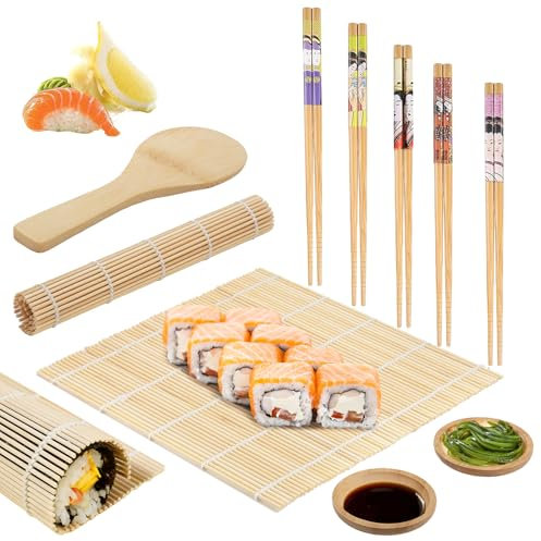 zrfgbxim 10 Pz Kit Sushi Maker : 2 Pz Tappetini per Sushi Fai Da Te in Bambù, 5 Paia Bacchette, 1 Cucchiaio di riso, 2 Piatti per Salse, Kit Strumenti per Preparazione