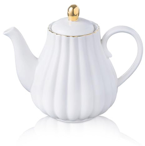 Ceramic teapot with Inlet and lid, Tea Set with Filter 890ml, Suitable for Tea/Coffee/Milk/Ladies/Office/Home (Pumpkin Shape, White)