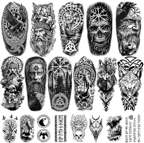 77 Hojas de Tatuajes Temporales, Tatuajes Falsos Tribales Negros de Lobo Nórdico Tigre León Aguila Esqueleto Calavera para Adultos Hombres Mujeres Niños y Niñas, Pegatinas Realistas para el Cuerpo