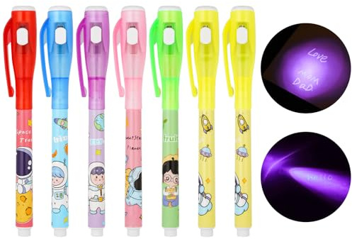 OFFCUP Stylo Encre Invisible, 7pcs Stylo Espion avec Lumiere UV, Stylo Magique pour Écrire un Message Secret, Crayons à Encre Invisible pour Cadeau Anniversaire Fête Activité Enfants-Dessin Animé