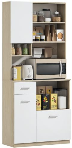 HOMCOM Credenza Cucina Alta con Cassetto 80x35x180 cm Bianco e Rovere