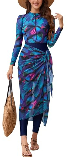 Women Modest Muslim Swimsuits Islamic Arabic Swimwear Burkini Tankini Sets Womens Top Pants with Hijab Swim Cap Rashguard Surfing Beachwear Bathing Suits Burkini for Woman Long Sleeve Purple XXL