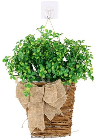 Belupai Spring Door Hanging Basket Wreath, Front Door Green Leaves Wreath with Burlap Bow, Artificial Greenery Farmhouse Hanging Basket Wreath for Outdoor Indoor Porch Home Decor