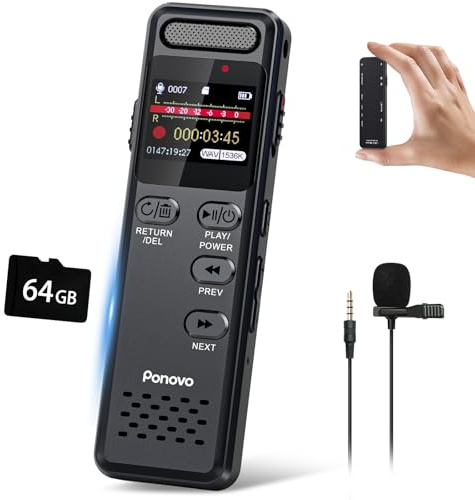 94GB Grabadora de Voz 100H Grabación Continua, Ponovo Grabadora Digital Activada por Voz 1536Kbps HD con Micrófono Ext, 1100mAh Grabadora de Voz Pequeña con Contraseña para Reunione Entrevista Clase