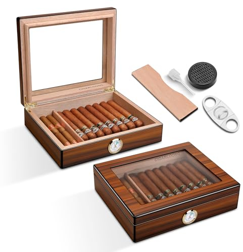 Zigarren Humidor Zedernholz Humidor Zigarrenbox mit Zigarrenabschneider, Befeuchter und Hygrometer, Glasplatte Humidor Case für Zigarrenliebhaber (Small)