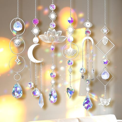 6 Stück Sonnenfänger Kristall Fenster Anhänger Mond Stern Lotus | Fensterdeko Hängend Kristalle Regenbogen Sonnenfanger für Garten Weihnachten Geschenke Hochzeit Deko Silber