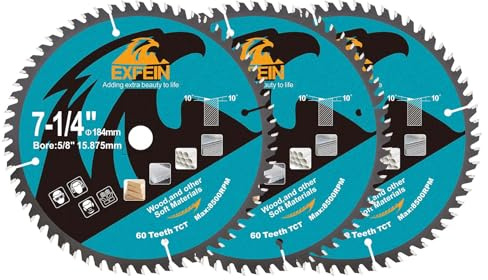 Disco da taglio per legno EXFEIN 184mm 3pcs - Lama per sega circolare compatta con denti in carburo 60T TCT, uso generale per taglio in legno, plastica e materiali compositi