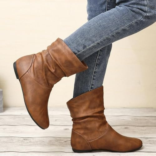 Slouch Boots for Women Flat Ankle Boots Leather Low Heel Booties Fall Slouchy Booties Casual