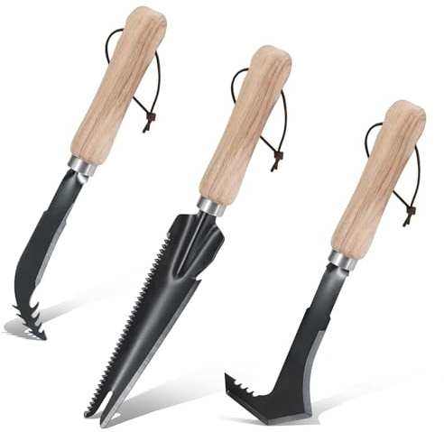 Byhagern 3-Pack Hand Weed Puller Tool, Stainless Steel Garden Trowel with Wooden Handle,L-Shaped Crevice Weeder,Curved-Tip Weed Tool for Effectively Pulling Out Weeds and Their Roots