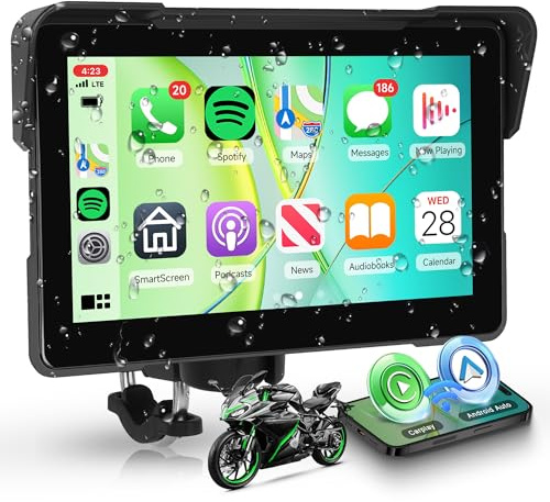 Motorcycle CarPlay Screen 7 Inch Portable Wireless Carplay Android Auto for Motorbike IP68 Waterproof Touchscreen, Supports Airplay & Android Cast, GPS Navigation, Bluetooth, EQ
