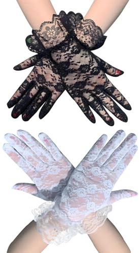 HSYTEK 2 stycken spetshandskar för damer, svarta och vita, korta näthandskar med blommönster, handskar för brudsmycken, bröllopsfest, bal, kvällshandskar, halloween, cosplay, Svart + vit, 1