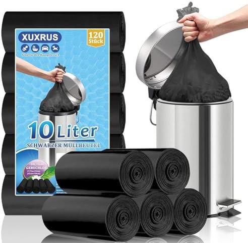 XUXRUS Bolsas Basura 10L Negras, 120 Bolsas Pequeñas Sin Olor | Antifugas Y Resistentes Para Dormitorio Y Baño, Uso Diario Con Fácil Colocación
